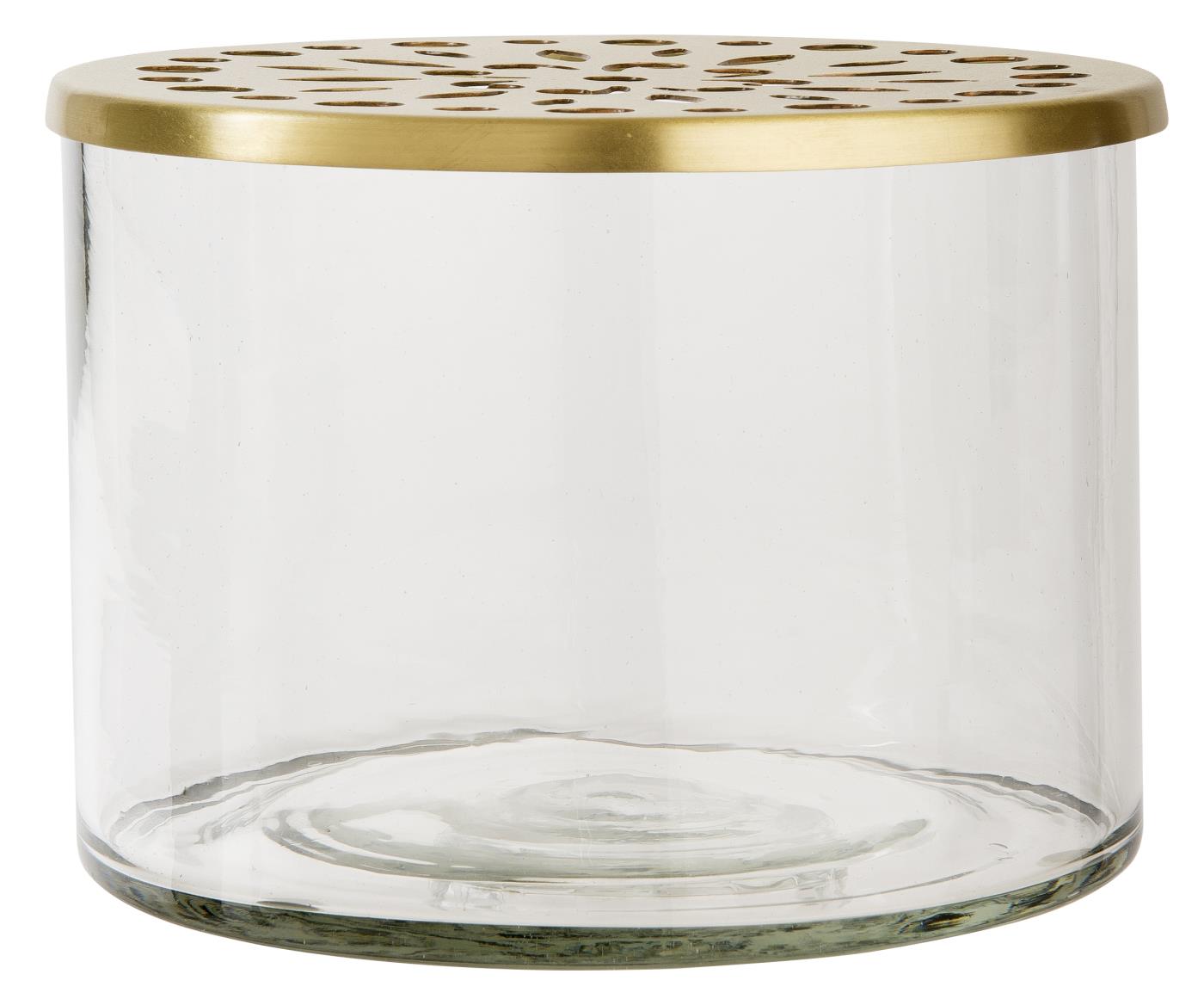 Glasdose mit gelochten Messingdeckel, Vase