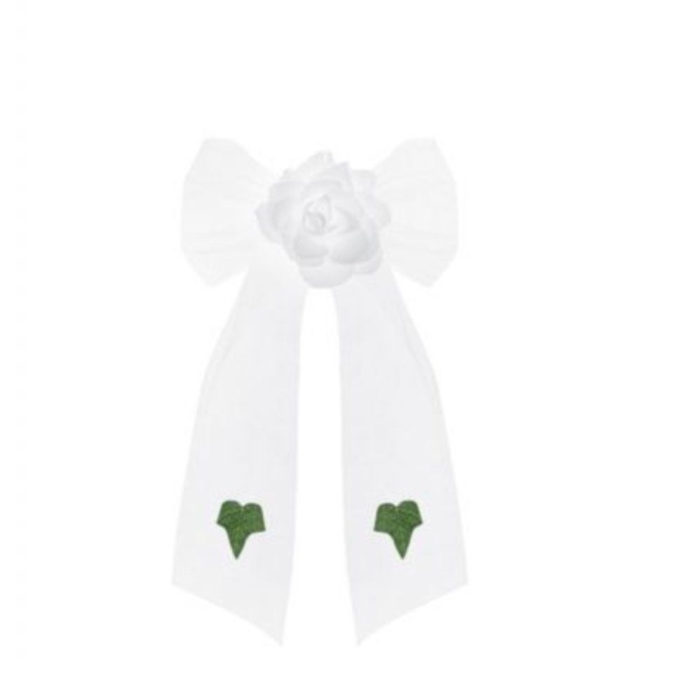 Hochzeits-Auto Tüllschleife mit weißer Rose und grünen Blättern
