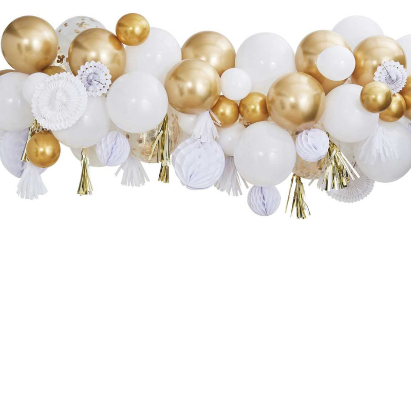 Ballon-Set Backdrop Kit mit Fächer, Wabenlball und Tasselgirlande weiss-gold als Partyhintergrund