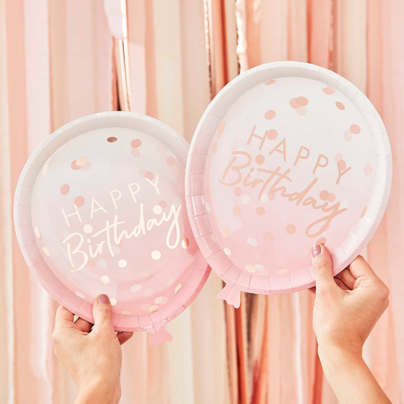 Einwegteller in Ballonförmig Happy Birthday, rosa ombrè mit rosegold Konfettis , 8 Stk