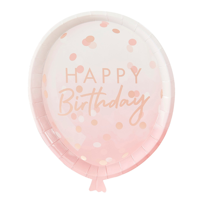 Einwegteller in Ballonförmig Happy Birthday, rosa ombrè mit rosegold Konfettis , 8 Stk
