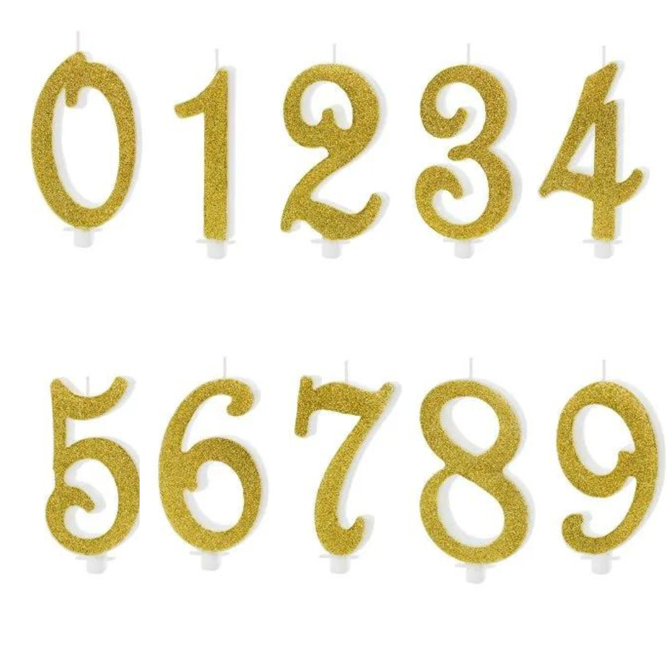 Geburtstagskerze Elegant Zahlen in Glitzergold, 10 cm.