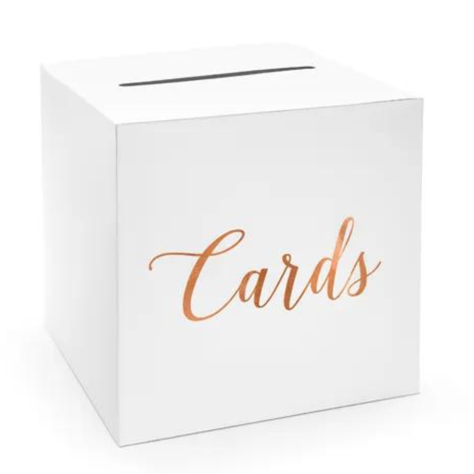 Geld- Briefbox aus weißem Papier mit metallisierter Aufschrift Cards