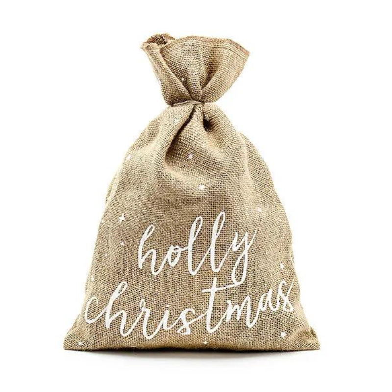 Jutebeutel Holly Christmas, Weihnachts-Geschenkbeutel, 30x42cm