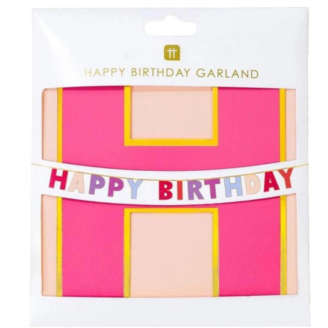 Girlande Happy Birthday, Pastell Regenbogen mit goldigen Rand