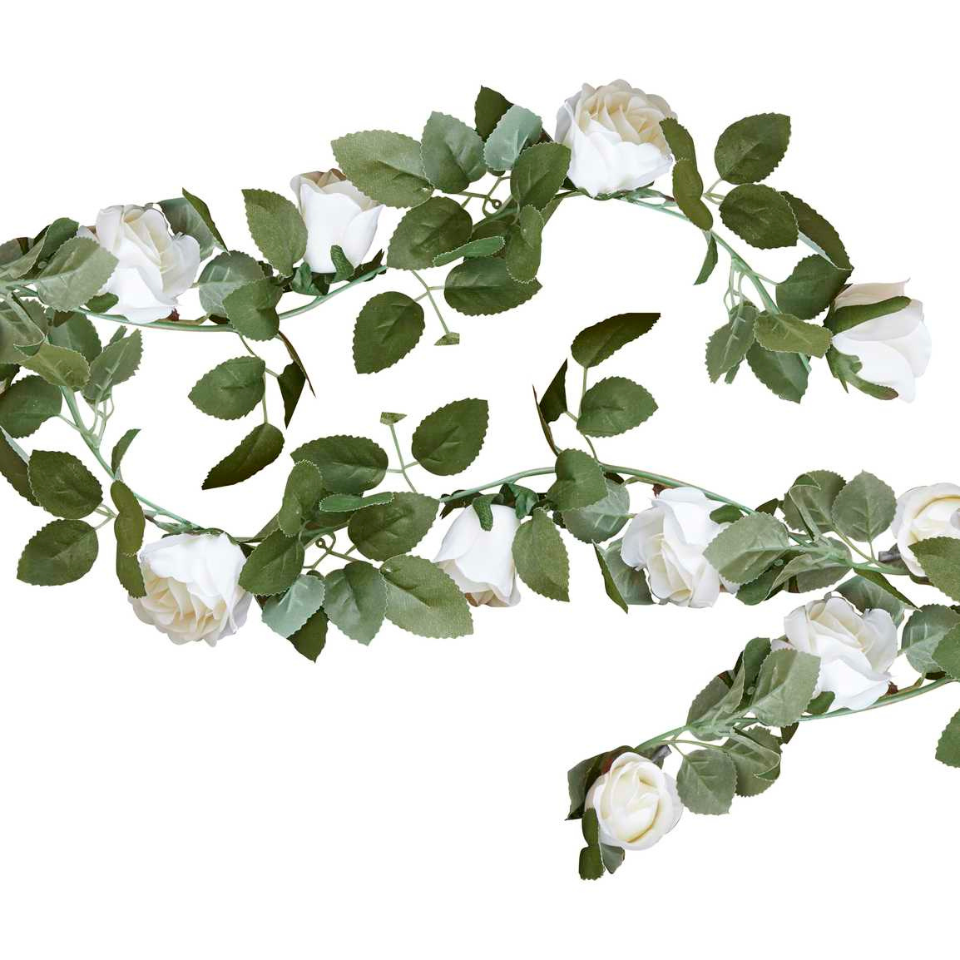 Girlande, Grünblätter mit 11 weissen Rosen, 2m