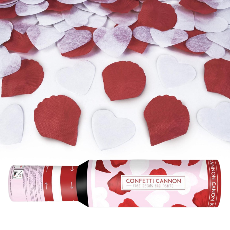 Konfettikanone mit weissen Herzen und roten Rosenblättern 30cm
