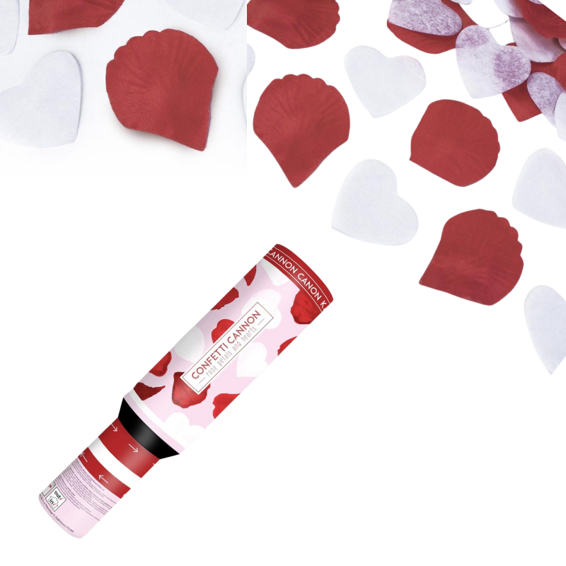 Konfettikanone mit weissen Herzen und roten Rosenblättern 30cm