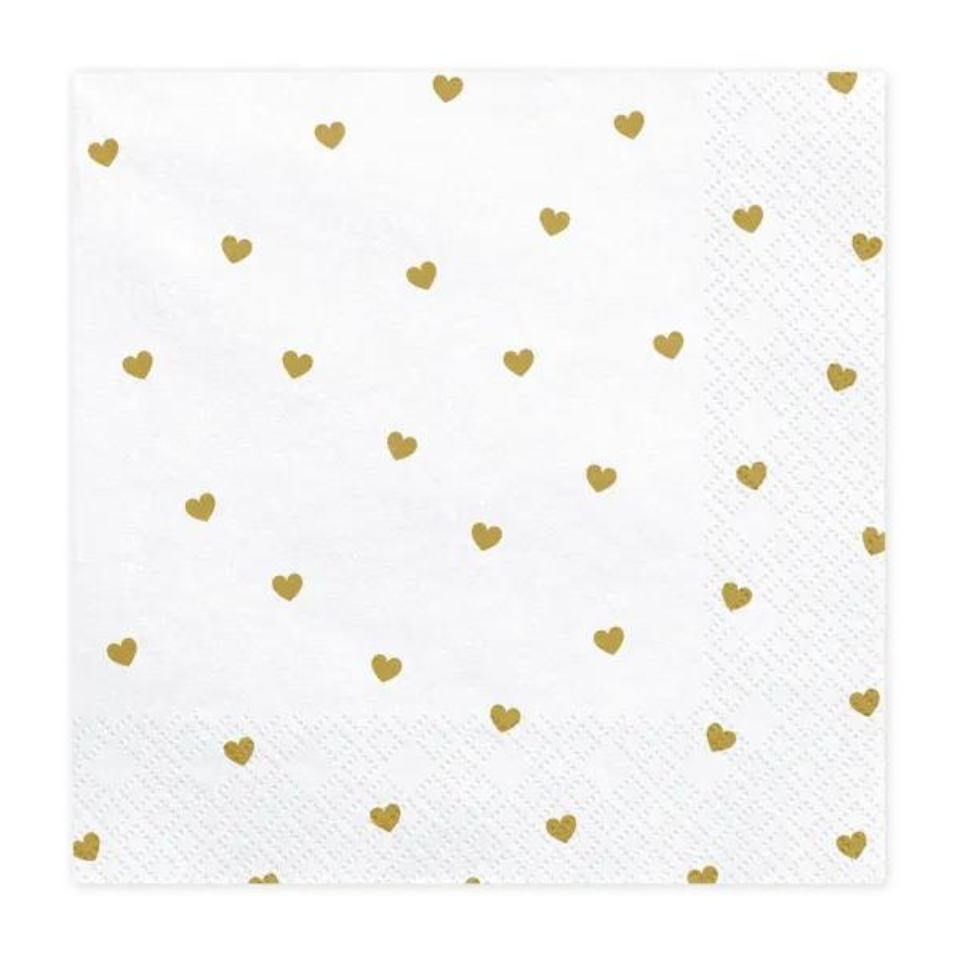 Servietten, weiss mit goldigen Herzen, Hochzeits-Papierservietten 33 x 33 cm