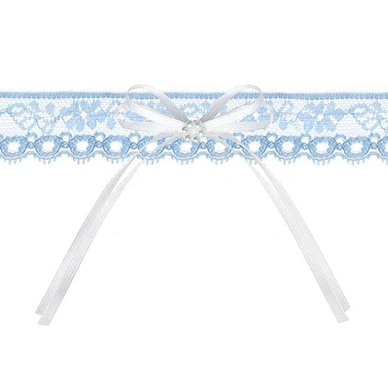 Spitzenstrumpfband für Braut in Hellblau mit Satinband und Perlenblüte