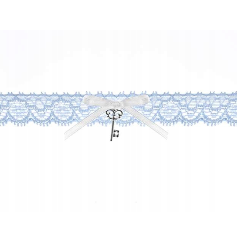 Spitzenstrumpfband für Braut in Hellblau mit Satinband und Schlüssel