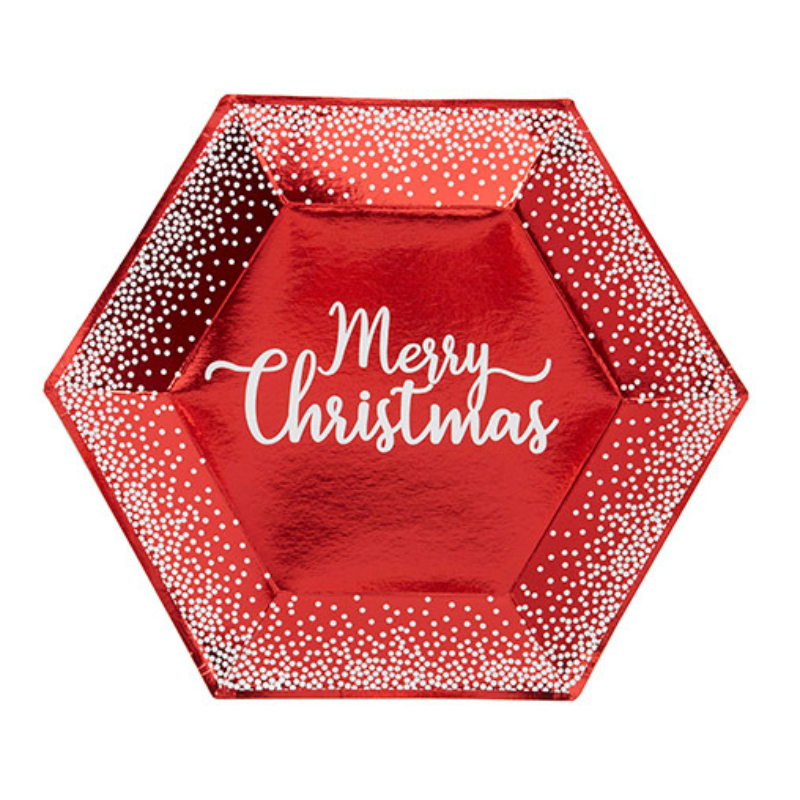 Teller Merry Christmas Metallic rot-weiss, Weihnacht Einwegteller