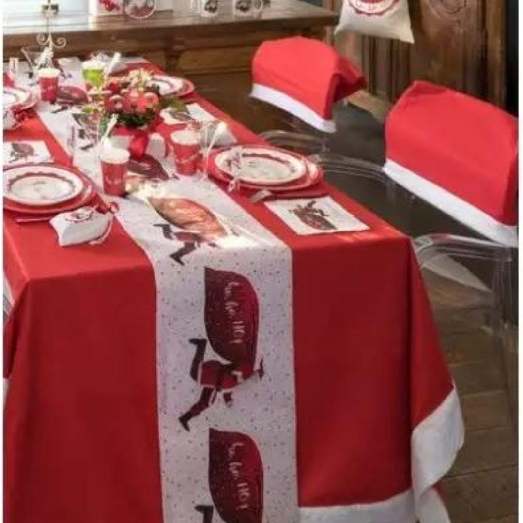 Tischdecke in rot mit weißer Borte für Weihnachtsfeiern 150 x 220 cm