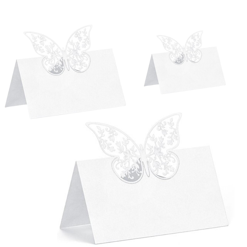 Tischkarten weiss mit Schmetterling Hochzeitstisch Namenschild