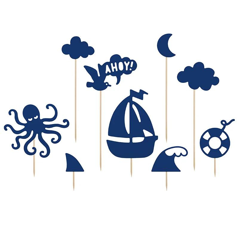 Torten Topper Seefahrer, 9 Stk Papier Dekorationen Tintenfisch, Schiff, Wolken und Mond