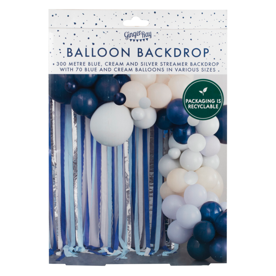 Backdrop Kit mit Bändern und Ballonen, blau-silber