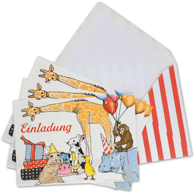 Einladungen Kindergeburtstag mit Giraffe und Co, 6 Postkarten mit Kuvert