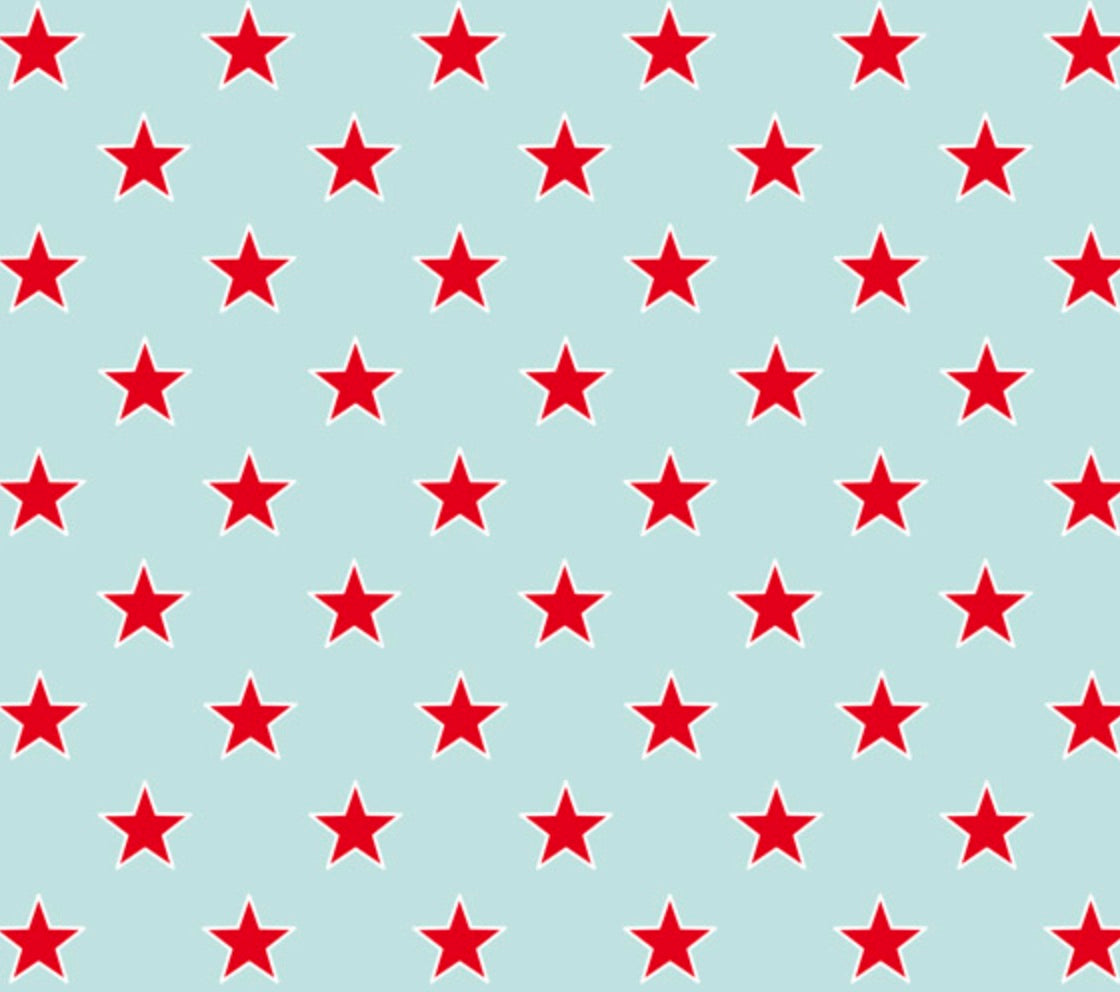 Geschenkpapier rote Sterne auf aqua, 49x67cm, 2 Bögen