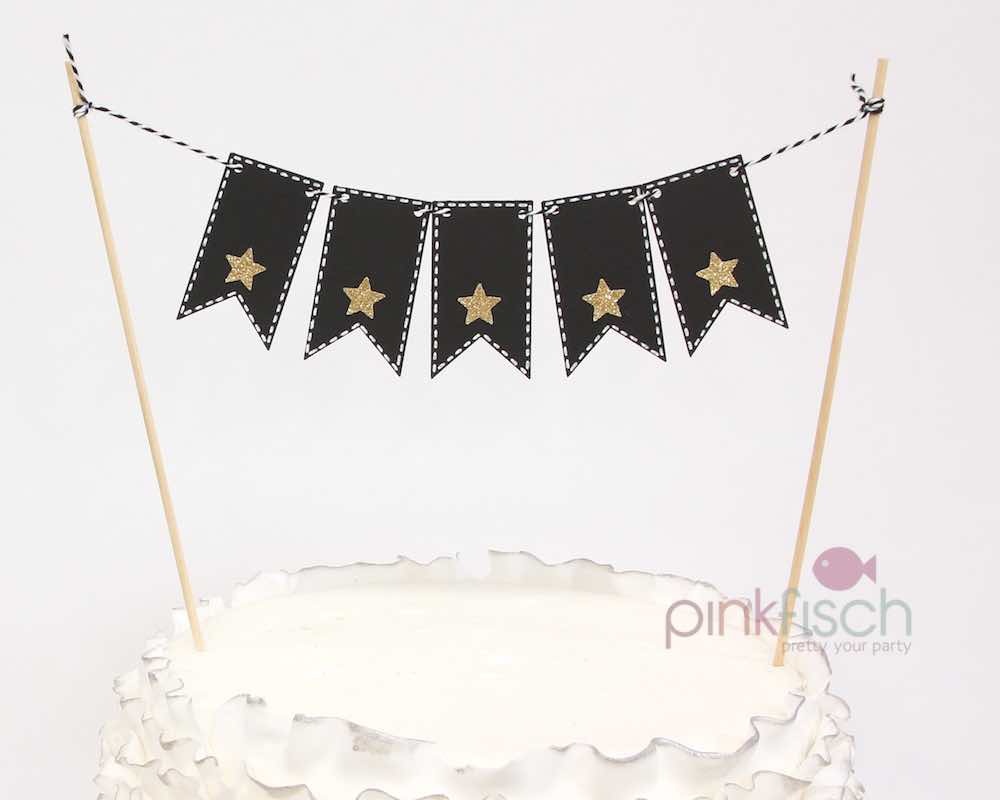 Torten-Girlande, Flaggen schwarz, goldene Sterne, handmade