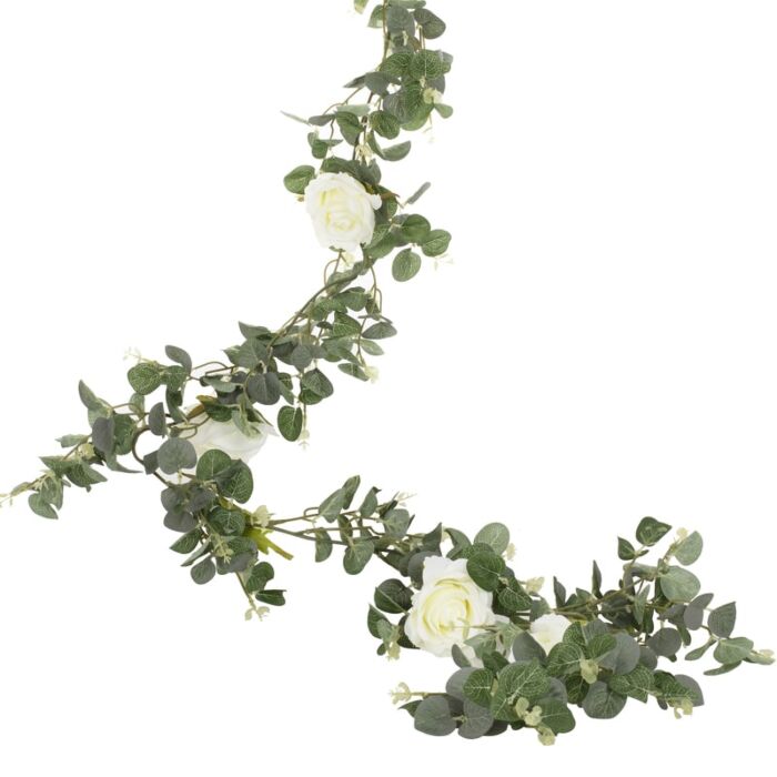Girlande, Eukalyptusblätter mit 5 weissen Rosen, 1.8m