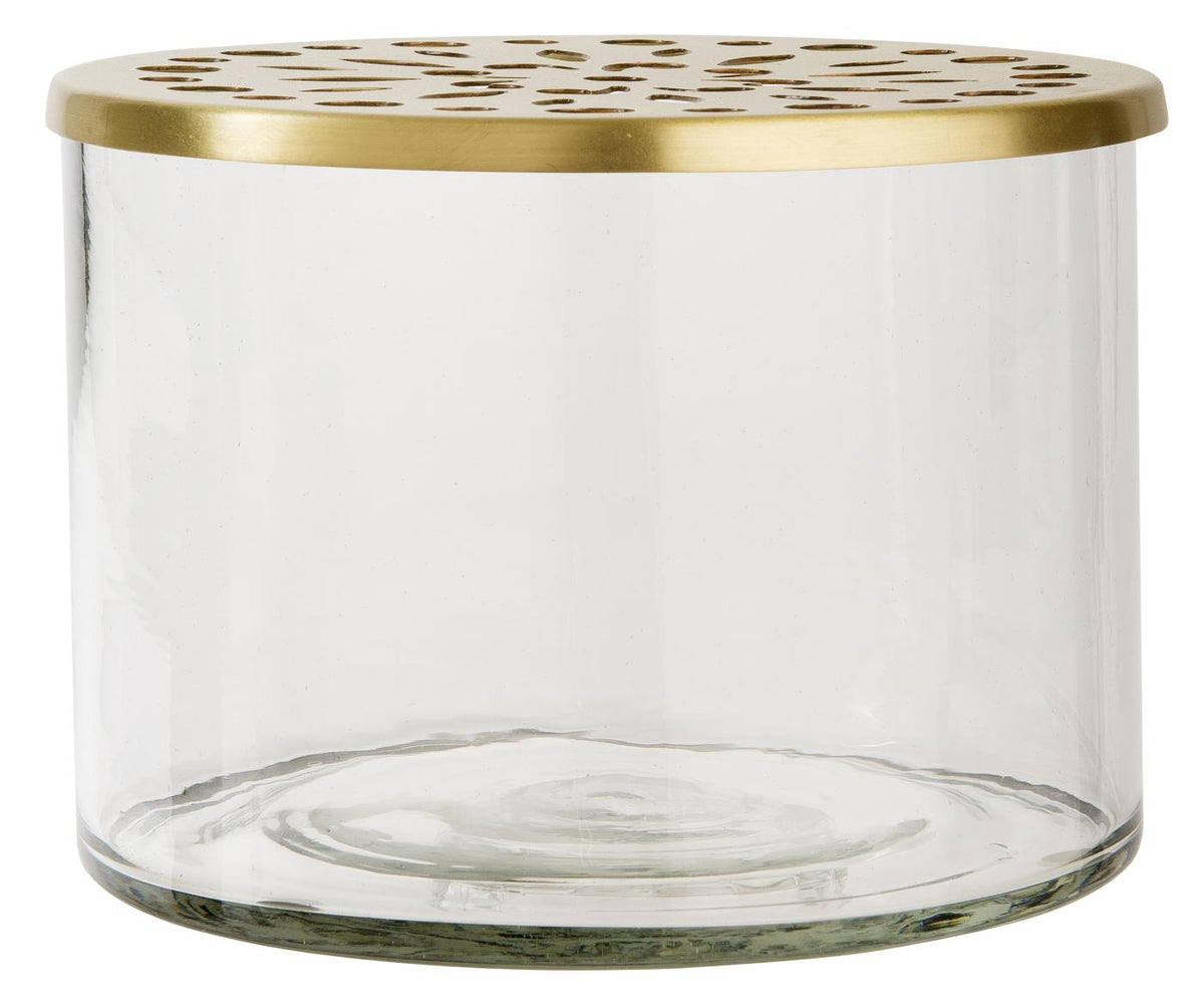 Glasdose mit gelochten Messingdeckel, Vase