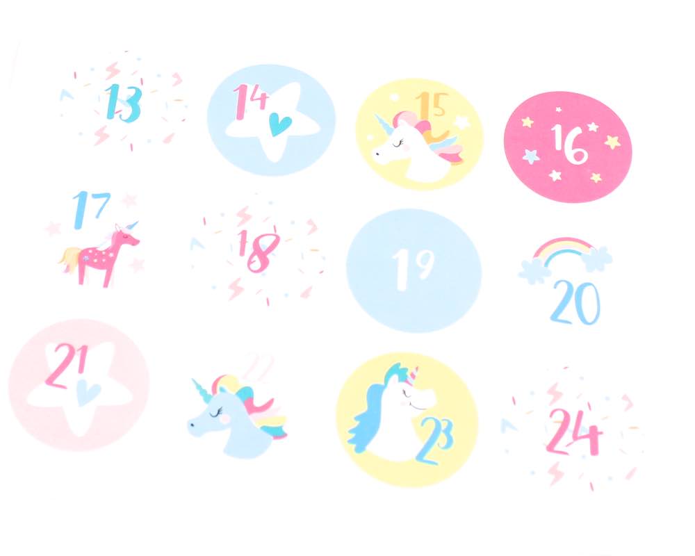 Advents-Stickers Zahlen 1-24, Einhorn pastell