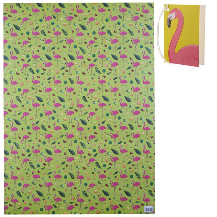 Geschenkpapier Flamingo Tropical, 2 Bogen mit Anhänger