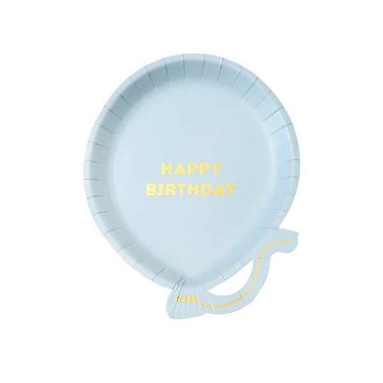 Teller Happy Birthday, hellblau Ballonförmig