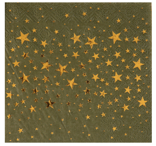 Servietten Olivgrün mit glänzenden Goldsternen, 12.5 x 12.5 cm