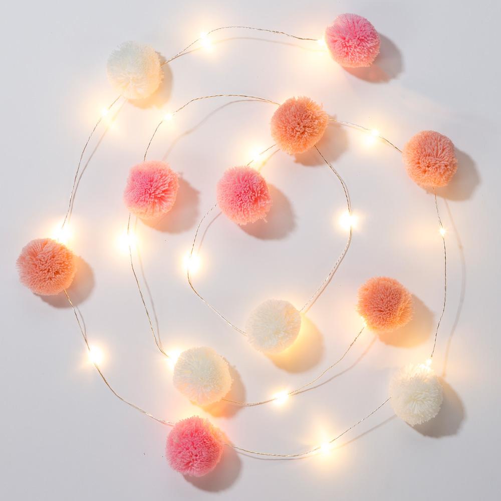 Pompoms, LED-girlande rosa-weiss
