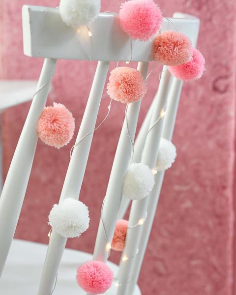 Pompoms, LED-girlande rosa-weiss