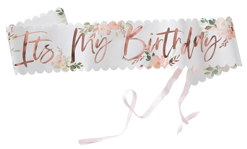 Schärpe It´s my Birthday, Blumen Rosegold