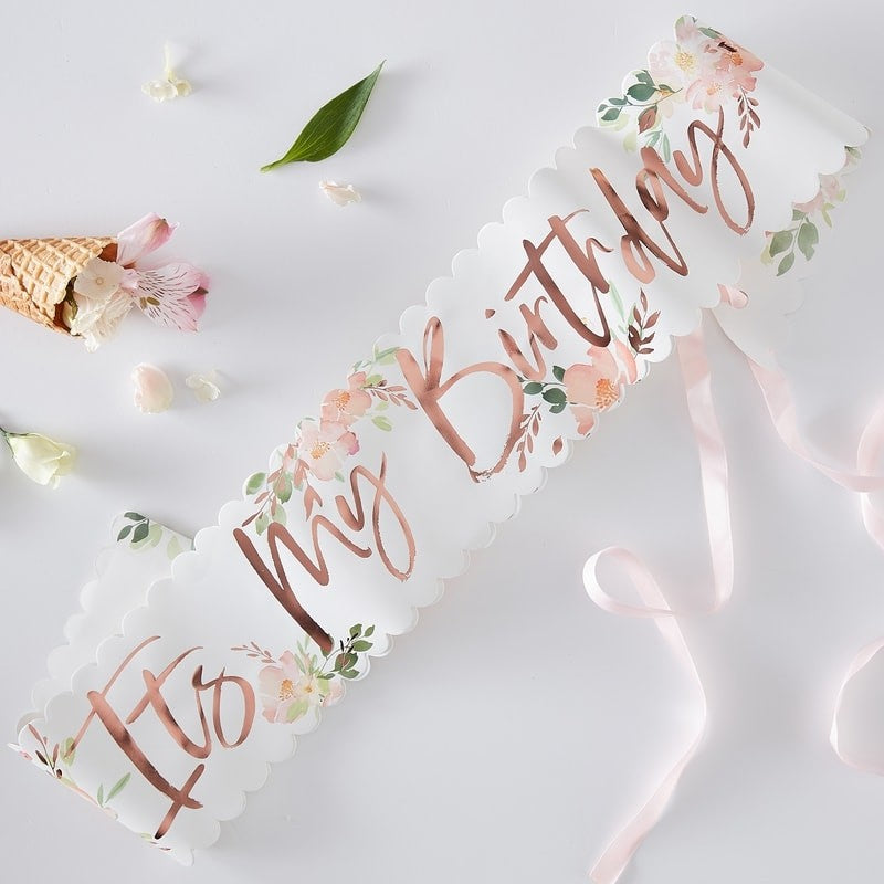 Schärpe It´s my Birthday, Blumen Rosegold