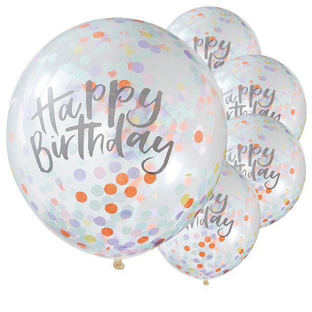 Ballon Happy Birthday, pastellfarbige Konfetti, 5 Stk.