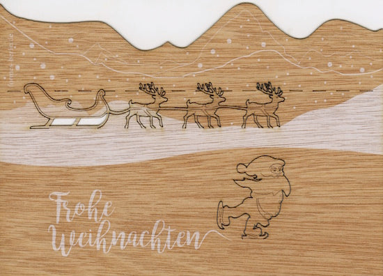 Holz Grusskarte Samichlaus in Schlittschuhen, Pop Up