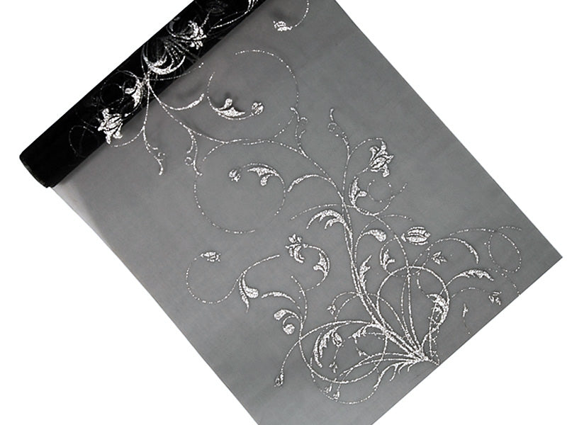Tischläufer-Rolle schwarzer Organza mit silbernem Brokat-Print
