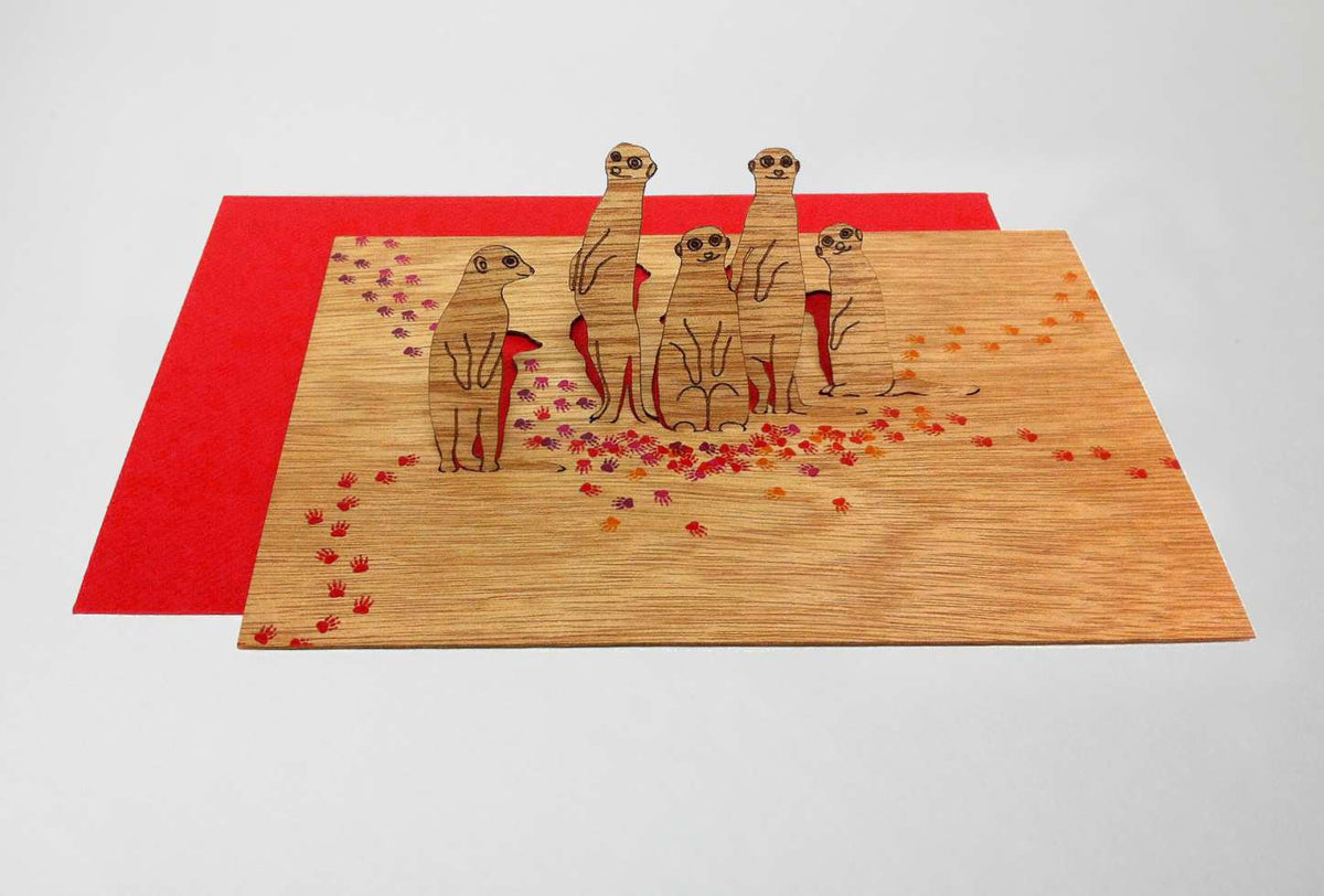 Holz-Grusskarte mit Kuvert, Erdmännchen