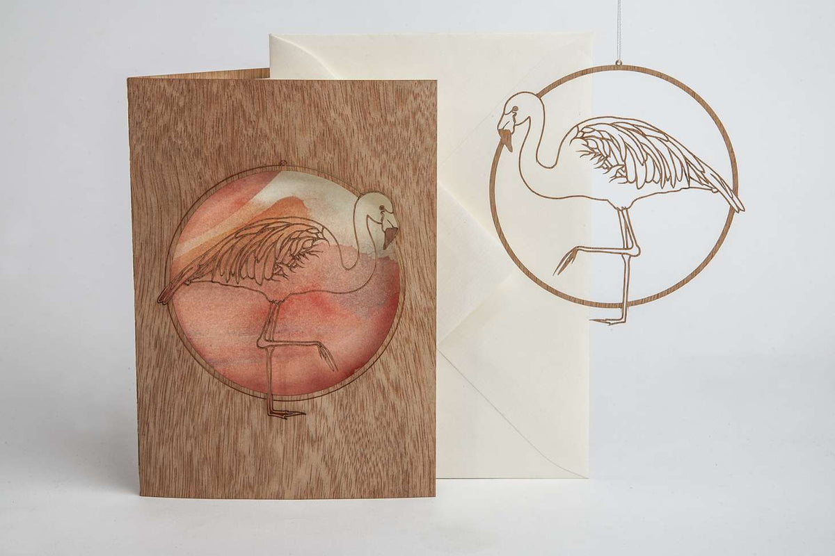 Holz-Grusskarte mit Kuvert, Flamingo