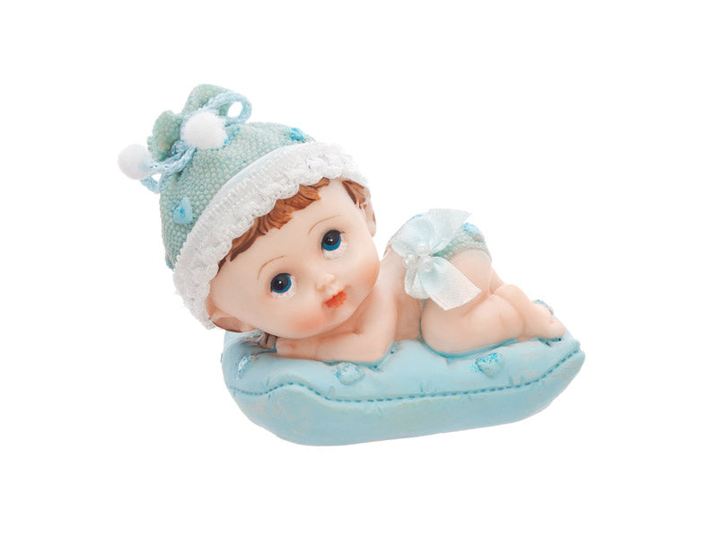Deko-Figur, Baby auf Kissen hellblau